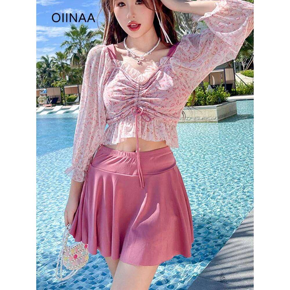 OIINAA Print Bathing Suit Women Ruffled Long Sleeve Hot Spring Swimwear High Waisted Mini Skirt Summer 2025 New Fashion Swimsuit
