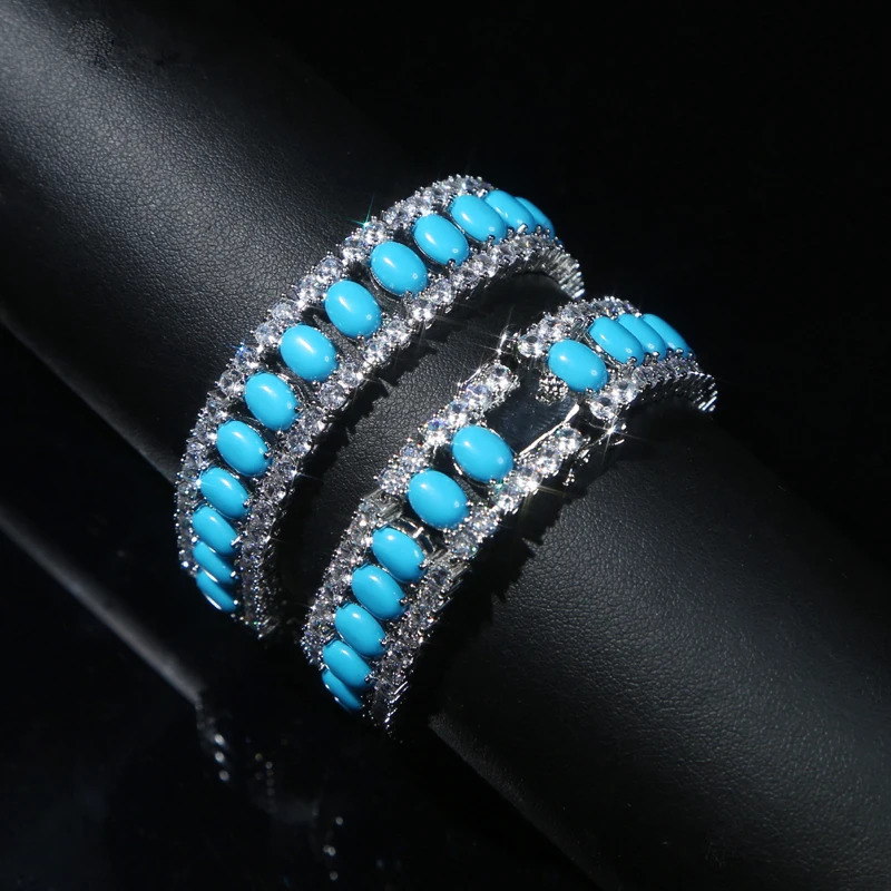 Fashion Jewelry Turquoise Blue Double Row White CZ Stone Tennis Bracelet for Women with Platinum Plated Color Chain 17cm 19cm 250717