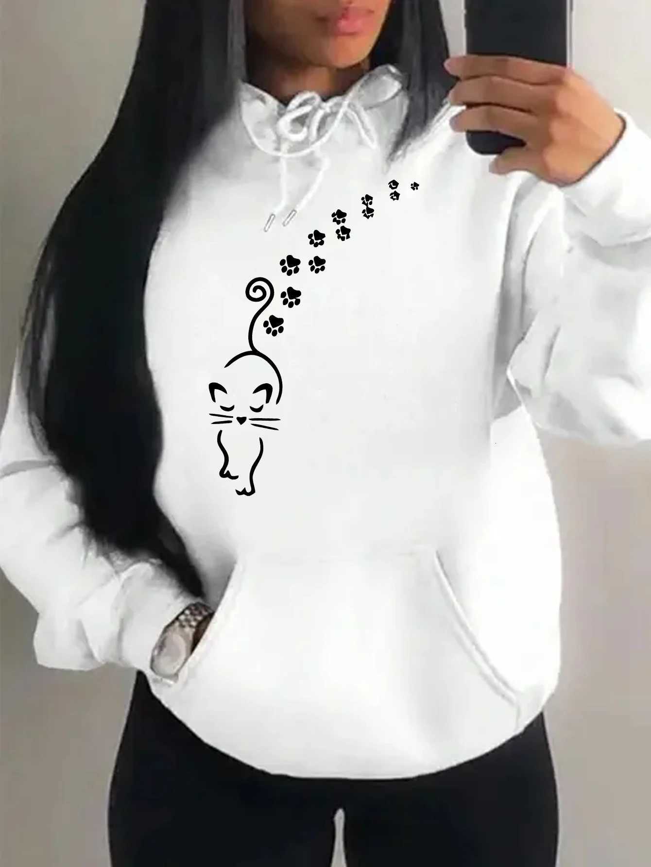 Cats And Footprints Creative Design Fe Sweatshirt Hip Hop Pocket Hoodies Creativity Warm Pullover Street Style Fce XJ250717