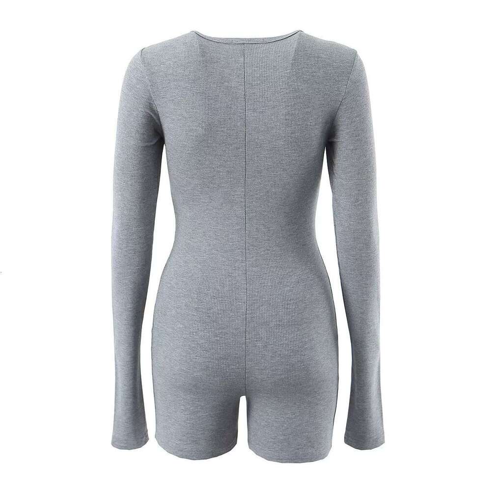 Ins Hot Girl Round Neck Buttoned Spring New Vacation Slim Fit Stretch Jumpsuit Short Style B5