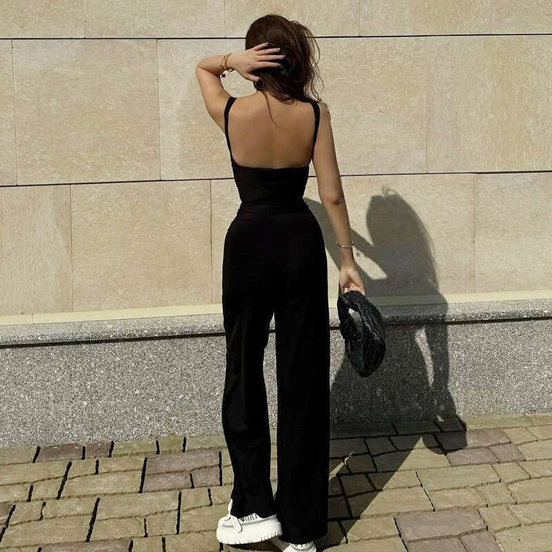 Women's Summer New Solid Color Casual Square Neck Vest + Wide Leg Pants Sports Two-Piece Set B5 g7