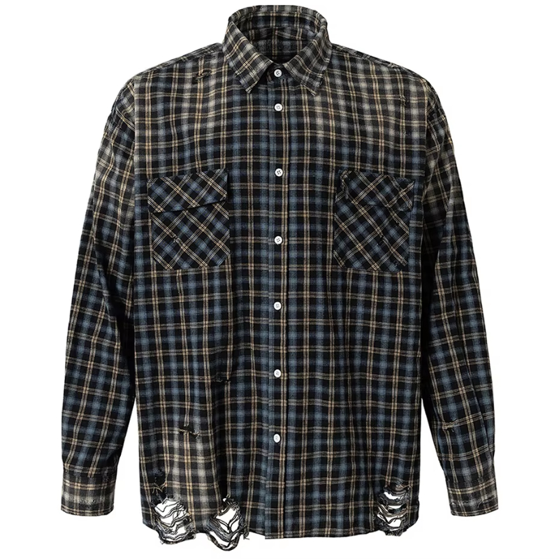Vintage Plaid Shirts Men Streetwear Harajuku Oversized Hip Hop Shirts Button Up Blouse Loose Ripped Shirts