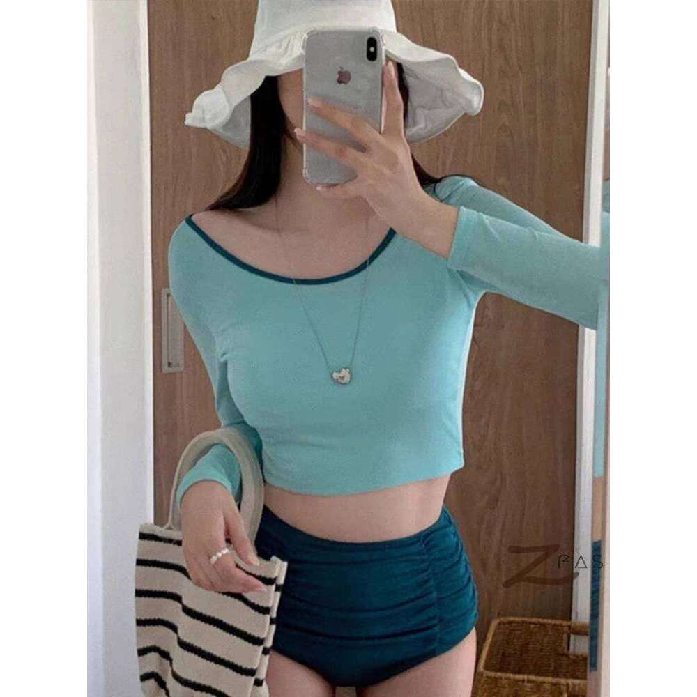 OIINAA Contrast Color Women O-Neck Long Sleeve Bikini Set Pleated High Waisted Split Swimsuit Summer 2025 New Swimwear