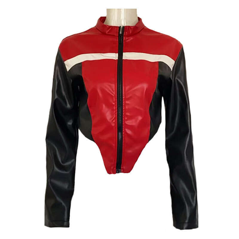 Color-Block Motorcycle Style Short Cropped Long-Sleeve Leather Jacket Autumn New Fashion Hot Girl Zipper Top B5