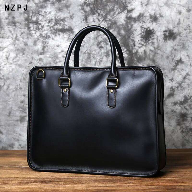 NZPJ Men's Briefcase Handbag Retro Top Layer Cowhide Laptop Crazy Horse Leather Shoulder Messenger Bag MDNG