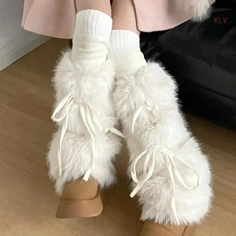 JK Girls Boot Cuffs Leg Warmers Women Winter Warm Harajuku Sweet Ribbon Bowknot Furry Plush White Boot Cover Long Socks 250717