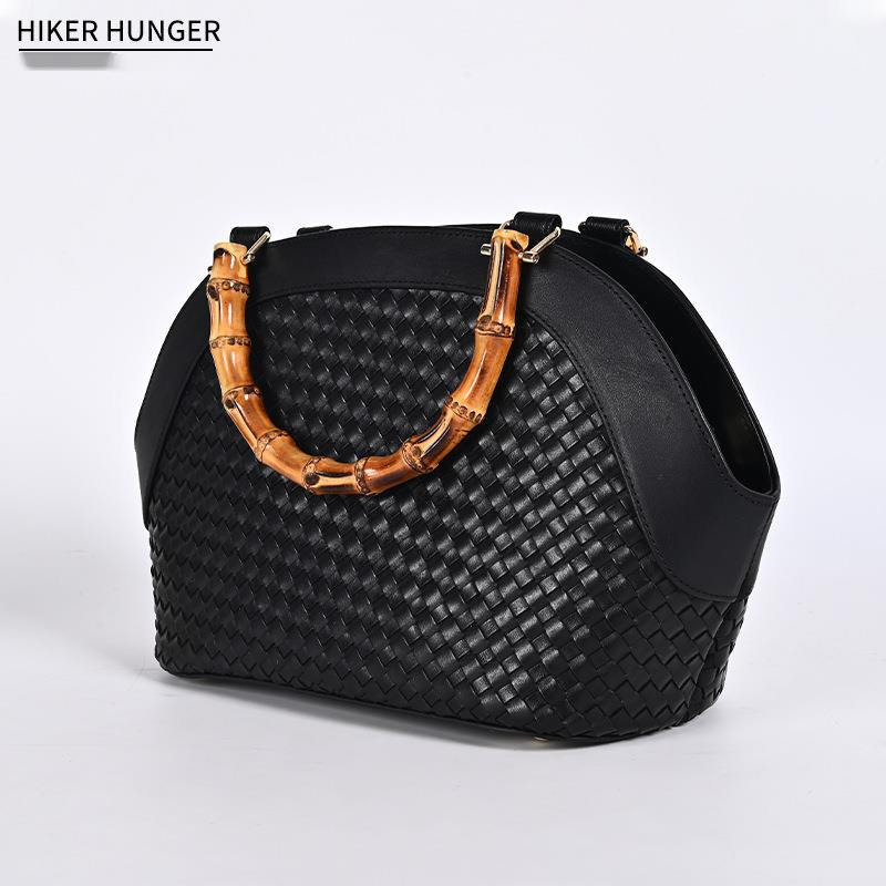 Black Woven Handbag Top Layer Cowhide Storage Bag Hardware Zipper Large Capacity Quilted Small Round Bag 250718