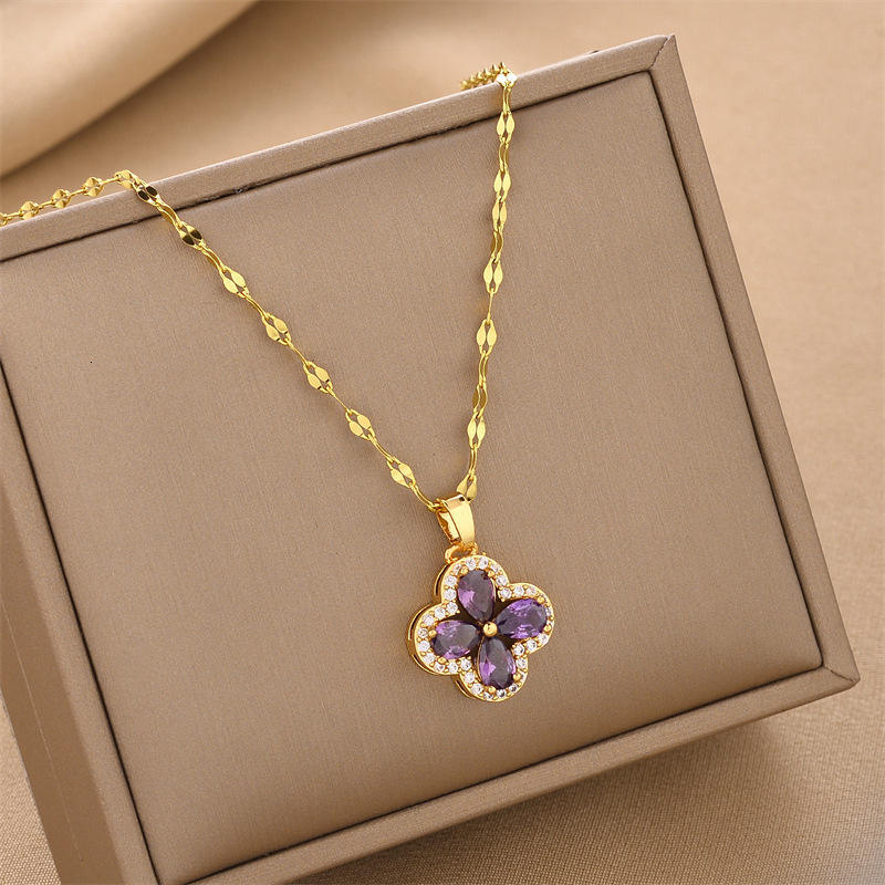 Micro Pave Zircon Violet Four-Leaf Clover Pendant Accessory Titanium Steel Necklace for Women Light Versatile Collarbone Chain ddmythur