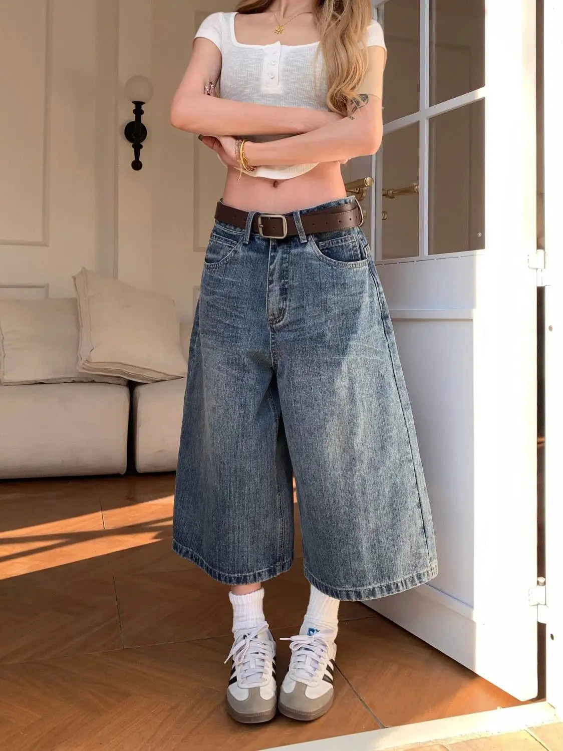 American retro plaid pocket wideleg short jeans for women loose and casual straight high waist slimming men pants 250714