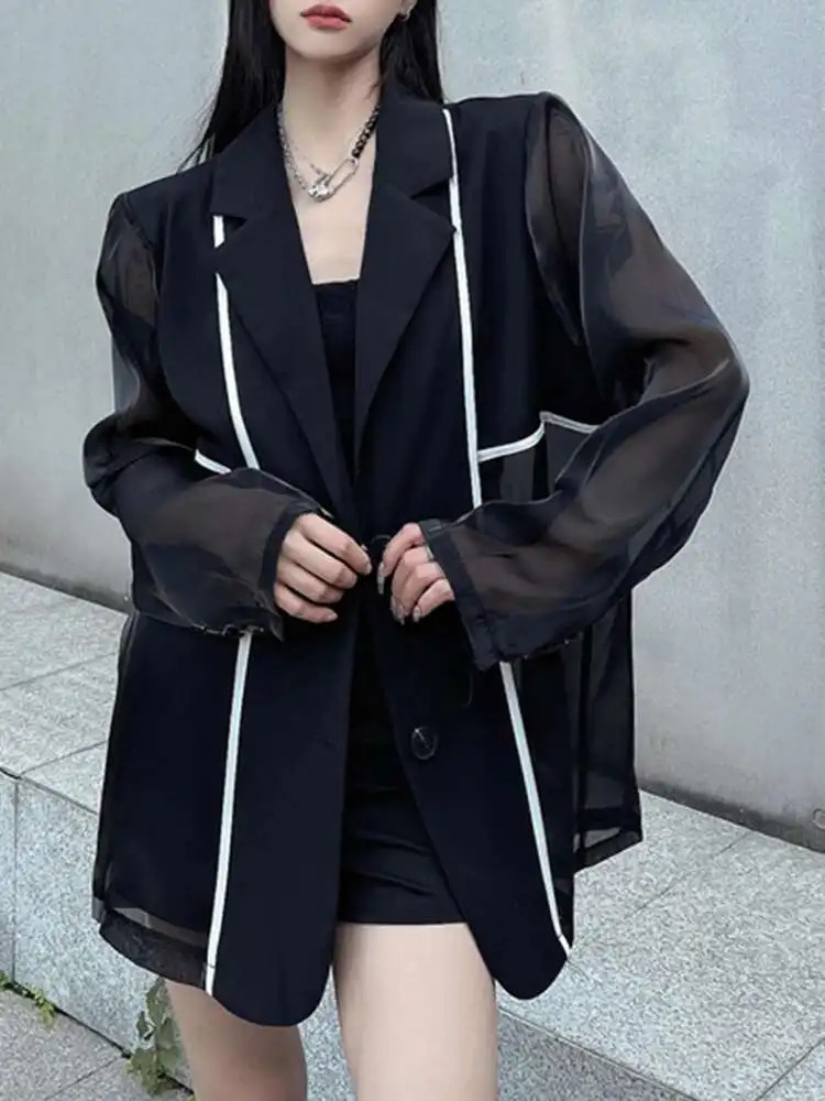 30A3464 EAM Women Black Gauze Spliced Big Size Sunscreen Blazer Lapel Long Sleeve Jacket Fashion Spring Summer 250703