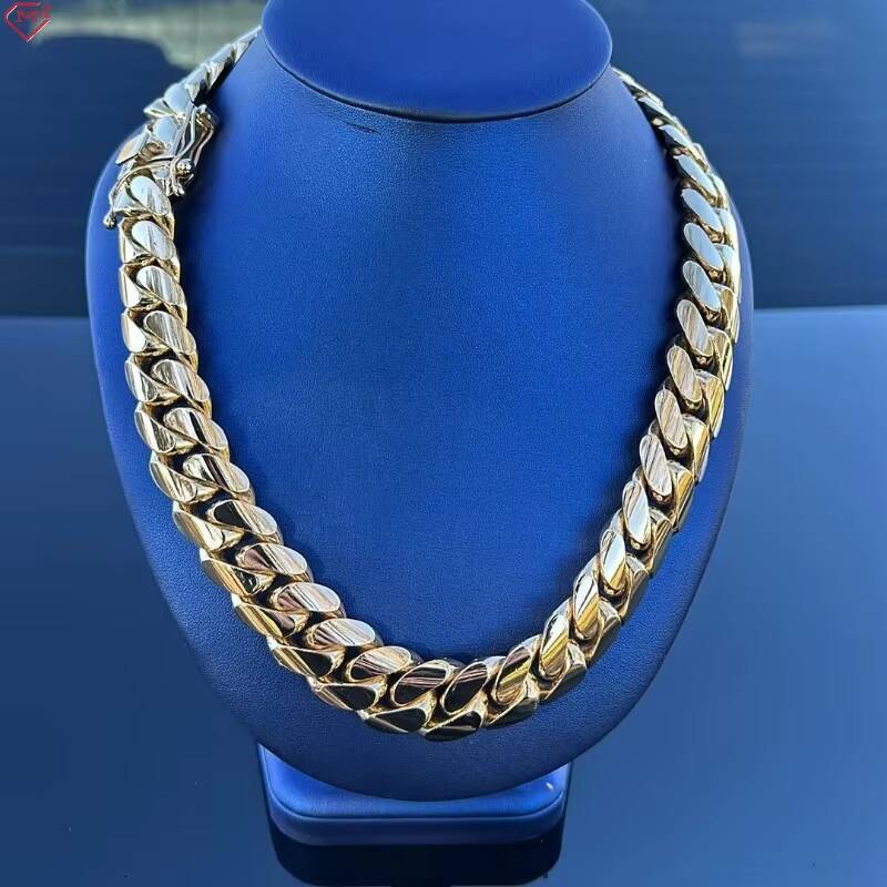 18K Gold Plated Cuban Link Chain Plain Necklace 20MM Custom Rapper Men Hip Hop Plain Gold Moissanite Chain