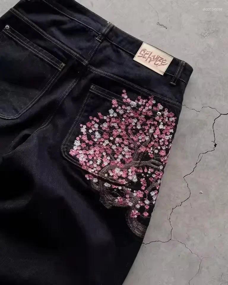 Embroidered Wide Leg Trousers Men's Jeans Vintage Low Waist Hip Hop Cherry Blossom Y2K Clothes Mens Womes Baggy