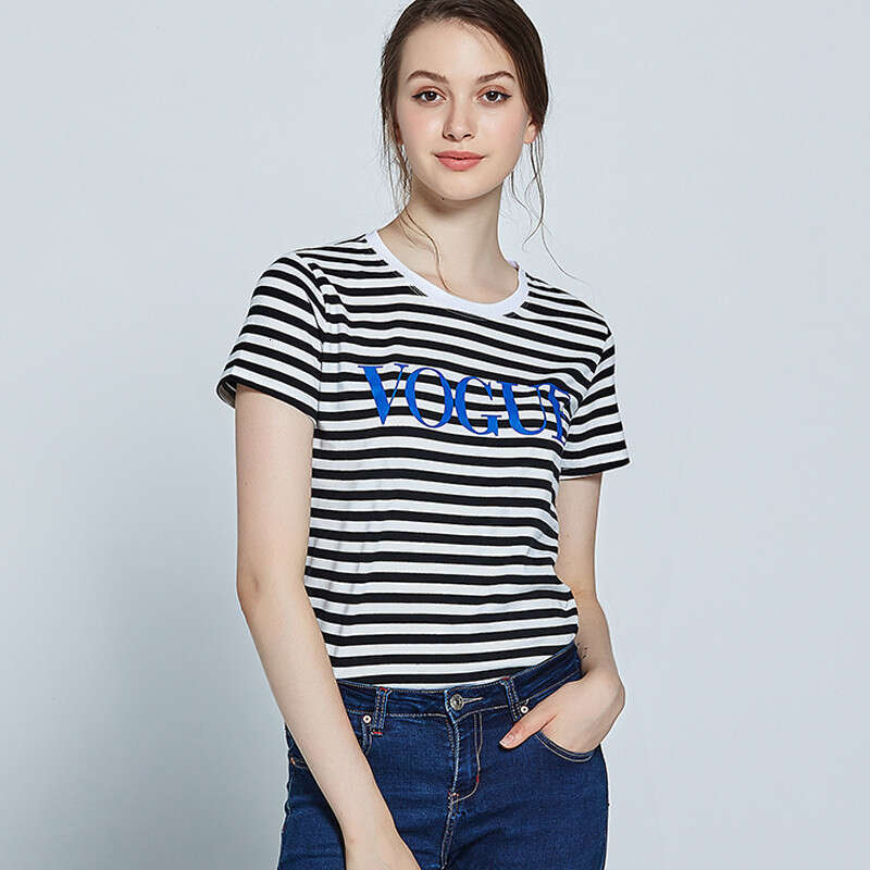 Spring Summer New Printed Striped Cotton Short Sleeve T-Shirt Women's Style Soft Loose Top Vogue B5