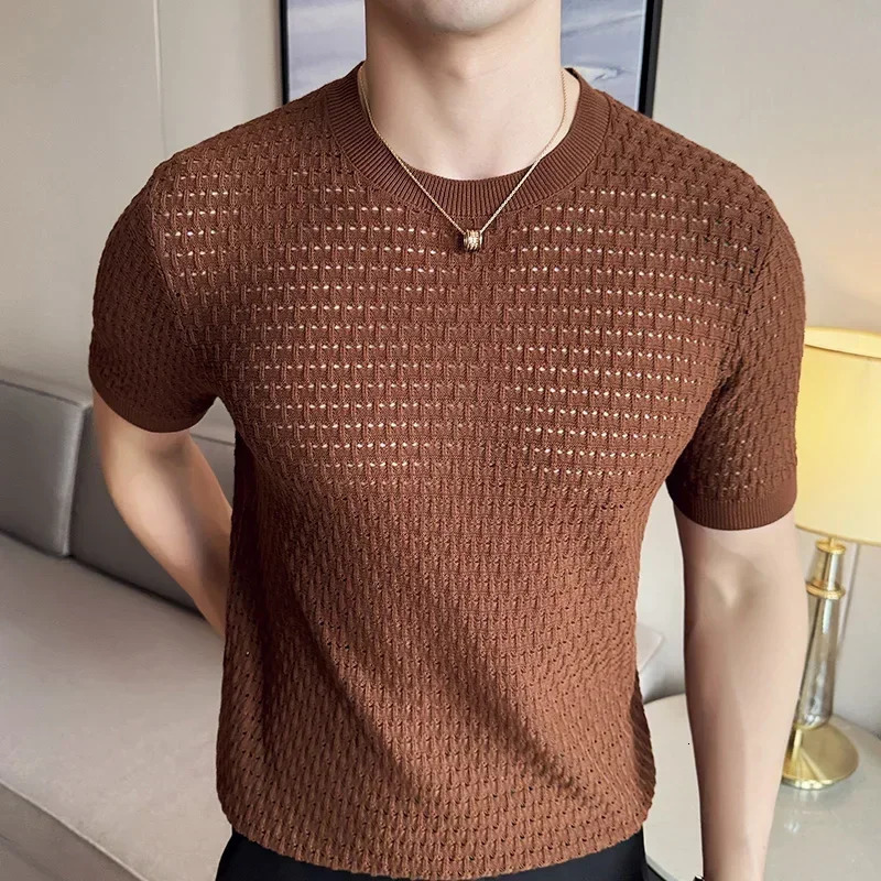 Men T-shirt 2025 Summer Thin Ice Silk Knitted Hollow Out Round Neck Short Sleeve Elastic Slim Fit T-shirt Men Clothing Top 250715