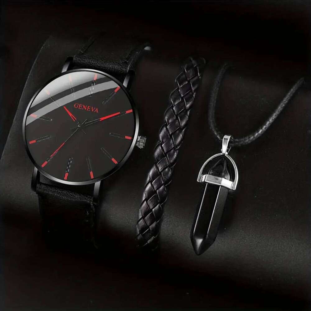 free shipping 3PCS/Set Fashion Watch Casual Leather Band Quartz Wristwatch Men Business Watches Bracelet Necklace Set Jewelry Gifts