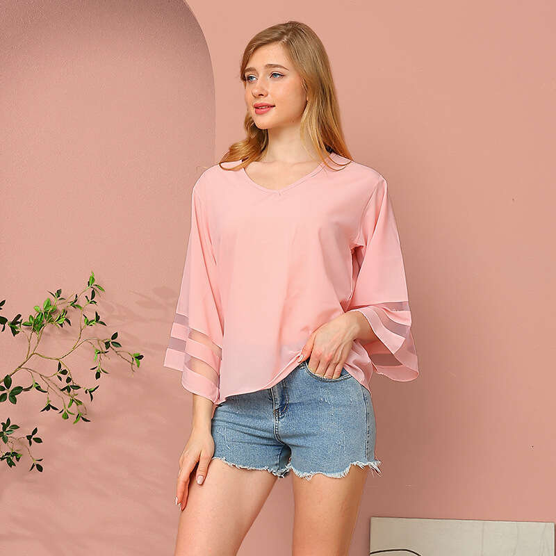 Summer New Women's Loose V-Neck Mesh Patchwork Sweet Fresh Girl Style Chiffon Blouse B5