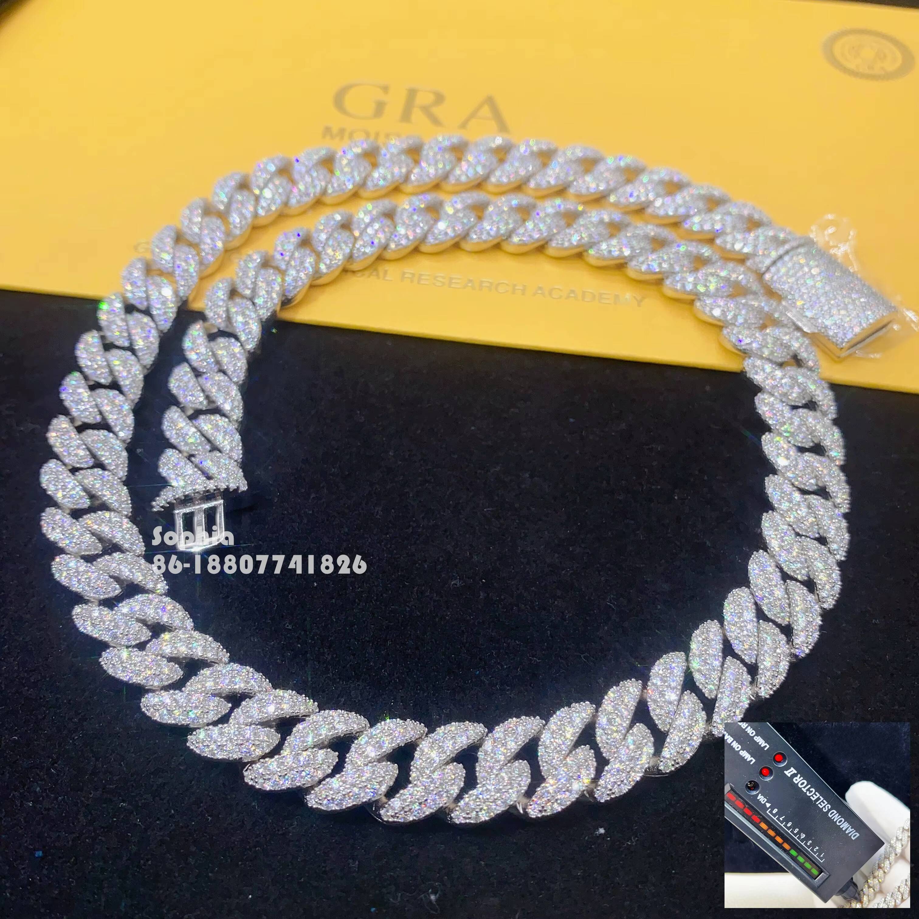 Fine Jewelry Hip Hop Necklace S925 Sterling Silver Gold Plated 12mm 2 Row D Color Vvs1 Moissanite Diamond Cuban Link Chain