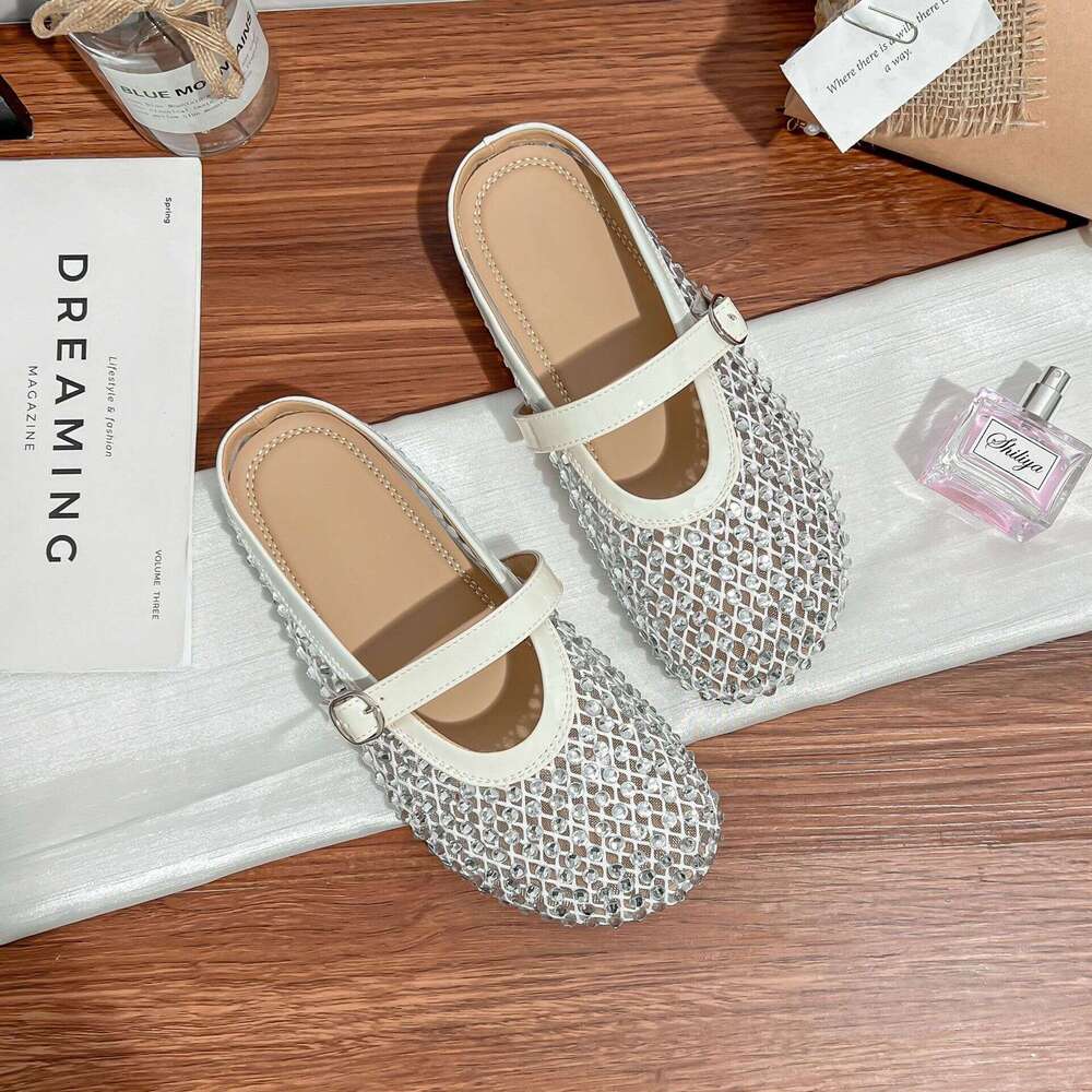 Su Yinyin Fairy Style Flowing Light Mesh Rhinestone Breathable Buckle Strap Closed-Toe Vacation for Women Half Slippers Summer Outdoor Wear