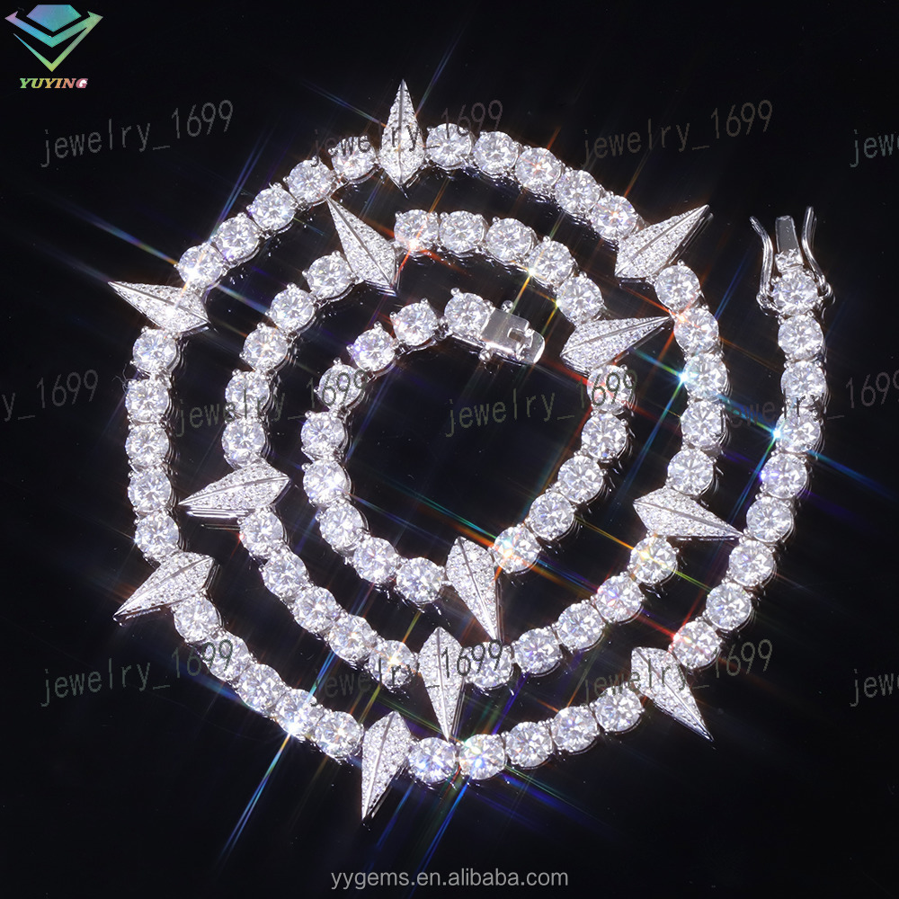 Yu Ying Spiked Style Tennis Chain Hip Hop Jewelry Pass Tester 925 Sterling Silver VVS Moissanite Cross Tennis Chain