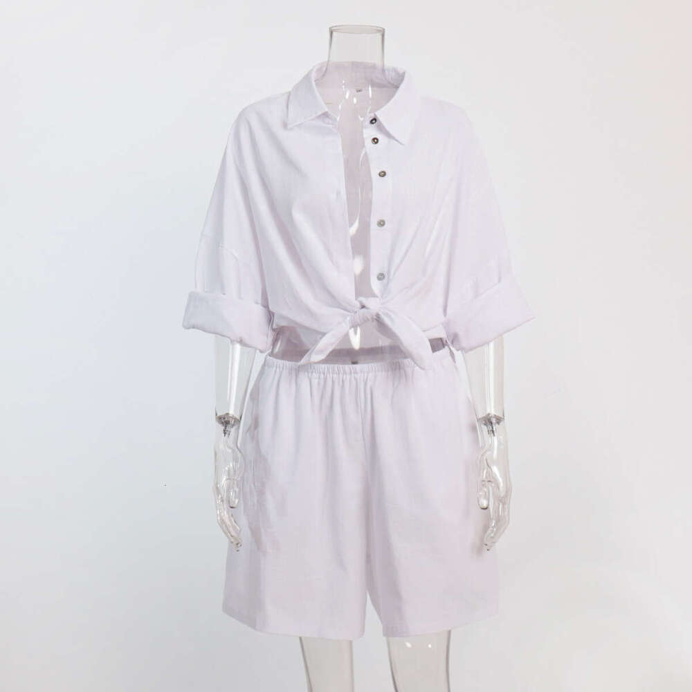 Summer New Women's Vacation Casual Loose Long Sleeve Shirt + Shorts Set B5