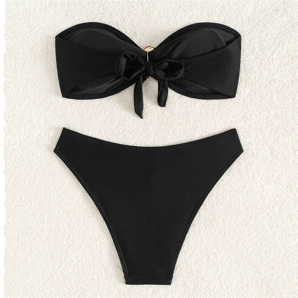 Black Bandeau Bikinis Sets Micro Thong Metal Ring Sexy Swimsuit Women 2025 New Back Knotted Swimwear Bathing Suit Bikini Damen