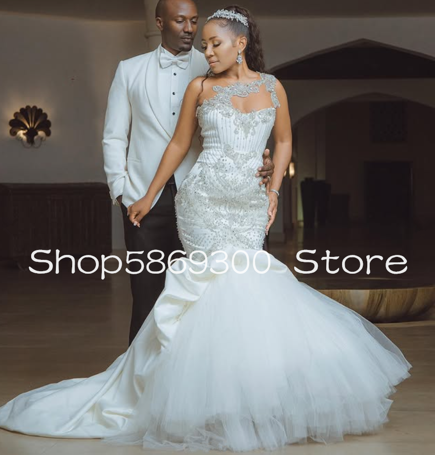 Sparkly Long Mermaid Wedding Dresses Crystal Sheer Mesh Lace-up Corset African Garden Bridal Dress Robes customsized