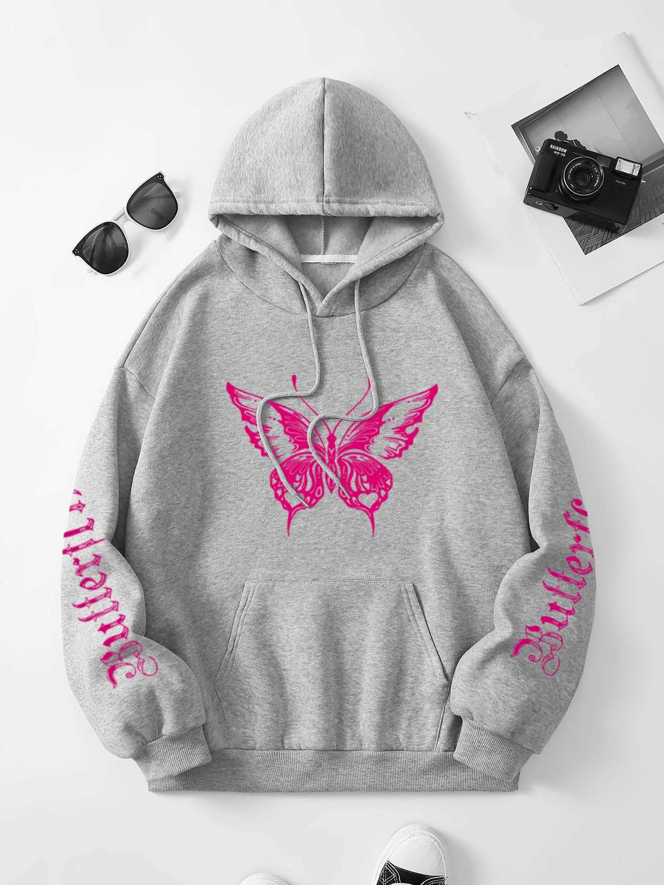 Butterfly Letter Print Drawstring Hoodie Casual Long Sleeve Kangaroo Pocket Hoodie Sweatshirt Womens Clothing XJ250717