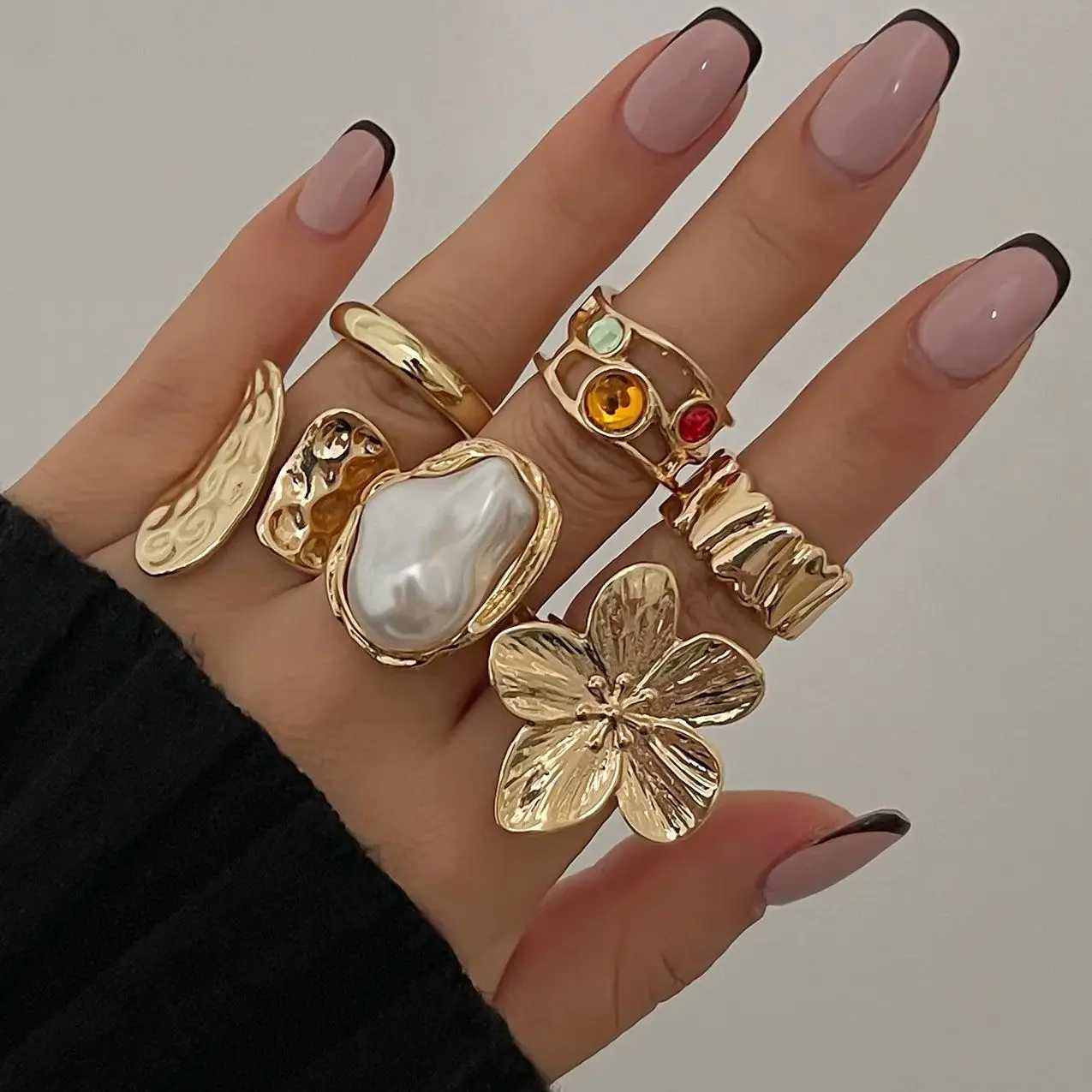 10 Pieces One Set Vintage Baroque Pearl Flower Rings For Women Men Girls Punk Gold Silver Color Geometric Knuckle Joint Ring Jewelry X250718