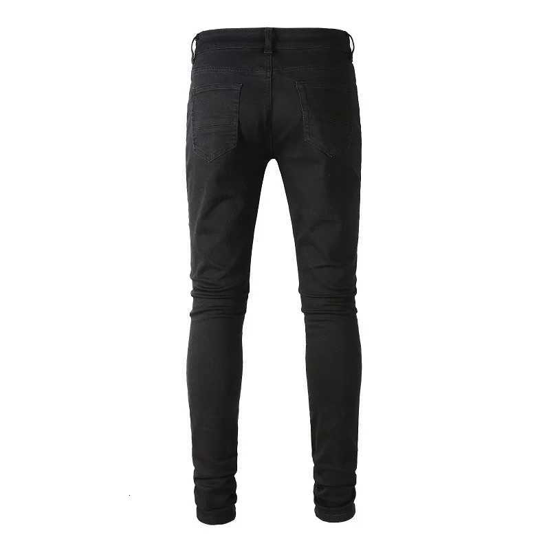2025 Men Crystal Stretch Denim Jeans with Holes Ripped Black Cotton Pants Streetwear Skinny Tapered Trousers X2507181