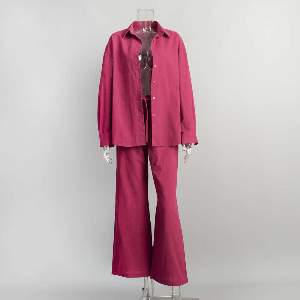 Cotton And Pants Spring Summer New Loose Long Sleeve Shirt Casual Set For Women B5