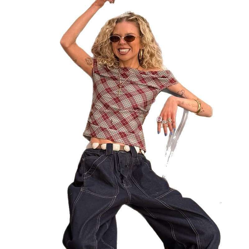 Red Plaid Asymmetrical Neckline Off-Shoulder Vest Summer Sexy Backless Short Sleeveless Outerwear Top B5 g5