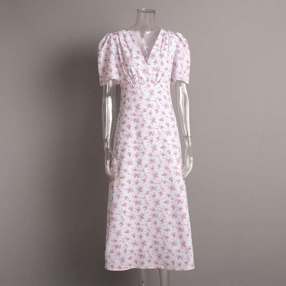 Short Sleeve Summer New V-Neck Regular Shoulder High Waist Long Floral Dress B5