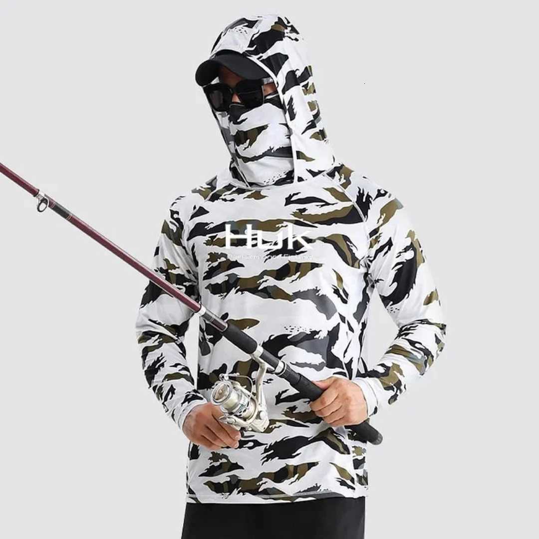 Mens Fishing Hooded Sweatshirt Fishing UV Protection Hoodie Fishing T-Shirt Clothing Hooded Top Gray White X250718