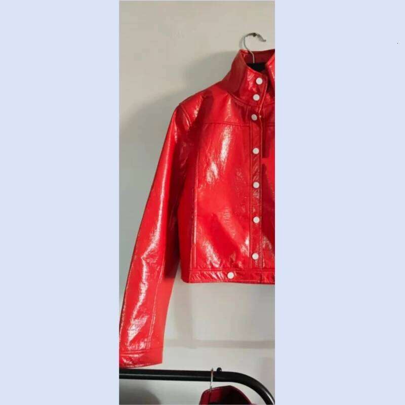 Trendy French Niche Classic Silhouette Lapel PU Texture Glossy Leather Short Jacket Top