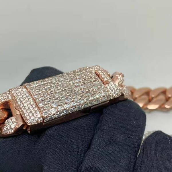 20mm Baguette Miami Cuban Link Chain VVs Moissanite Diamond 925 Sterling Silver Rose Gold Plated 18-24 Necklace