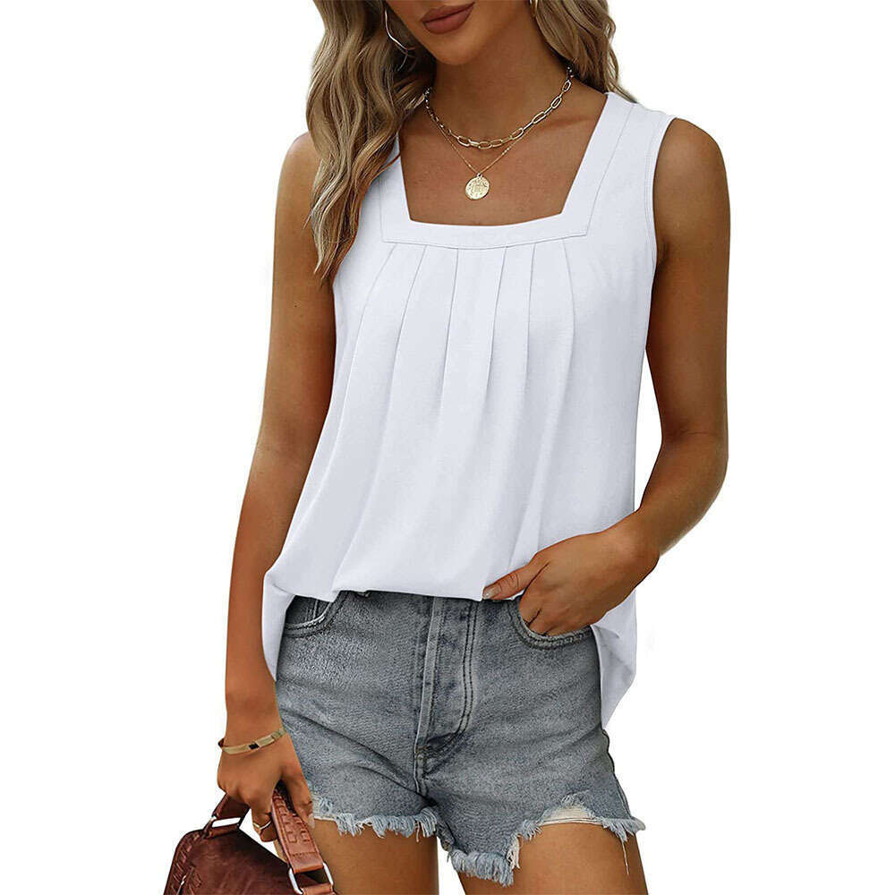 Sleeveless Square Neck Tank T-Shirt For Women Solid Color Ruched Swallowtail Strap Fashion Inner Wear Top B5