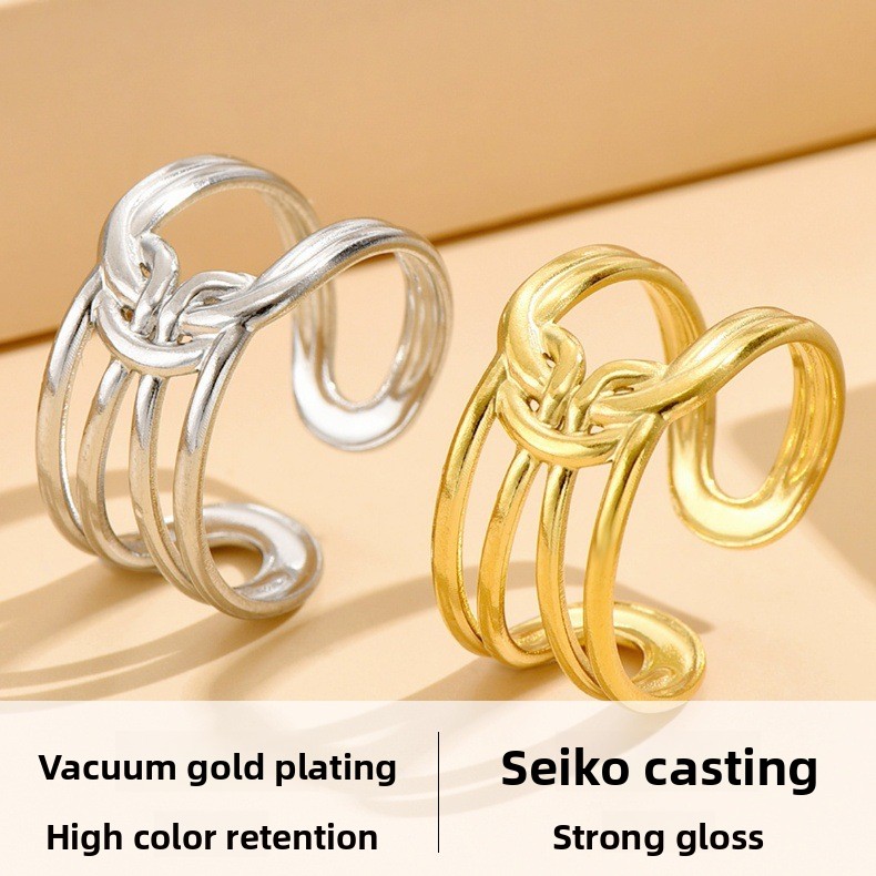 Designer Ring for Women Stainless Steel Line Knotting Design Open Ring Vacuum Gold Plated Non Fading Jewelry