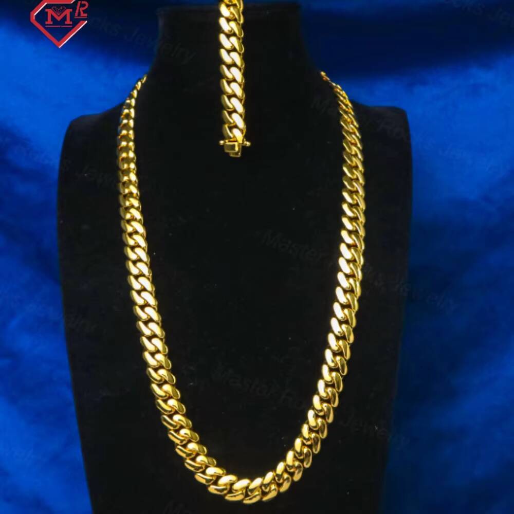 14K Gold Plated Cuban Chains Plain Necklace 10MM Custom Rapper Men Hip Hop Cuban Link Chain