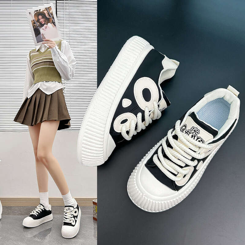 Panda Color Matching Free shipping Big Head White for Women, New Autumn Free shipping Style, Student Round Toe Versatile Thick Sole Wear-Resistant Cas