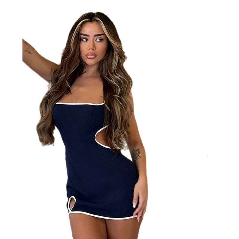 New Navy Blue Waist-Exposing Strap Casual Bodycon Short Dress For Women B5