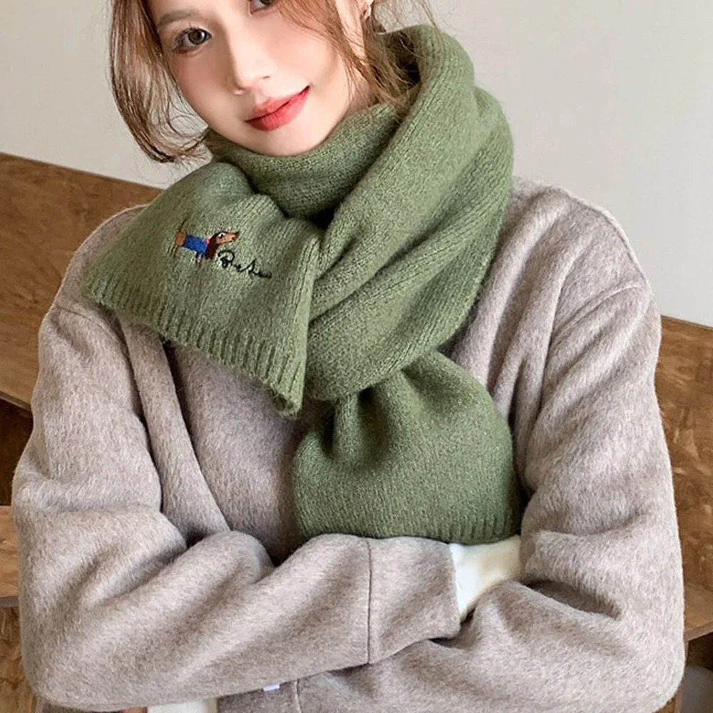 Korean Style Wool Knit Scarf for Women Winter Autumn Long Scarves Cute Dog Embroidery Shawl Wrap 250717