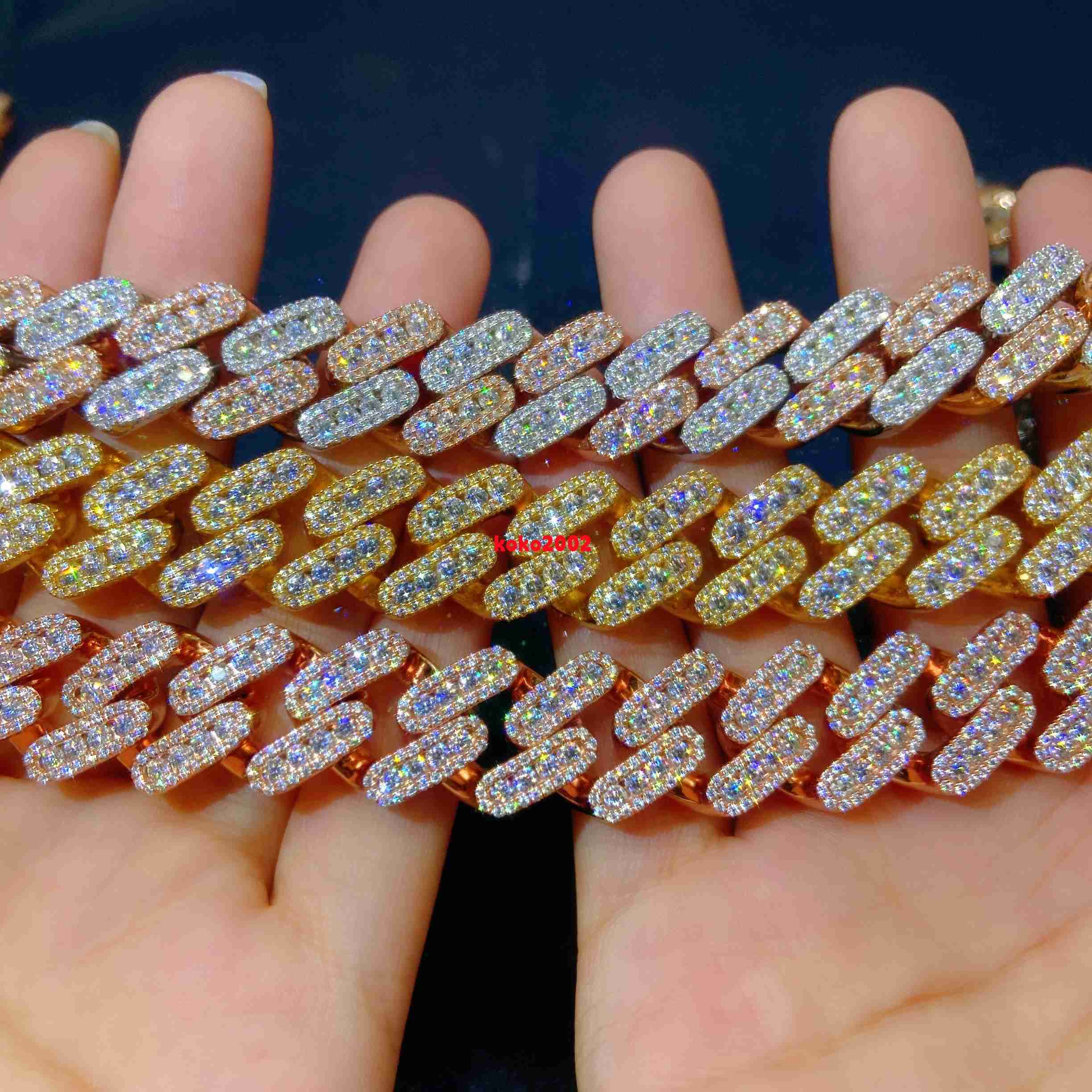 12mm 15mm 18mm Sterling Silver Miami Cuban Link Chain Necklace VVS Moissanite Hip Hop Jewelry Necklace