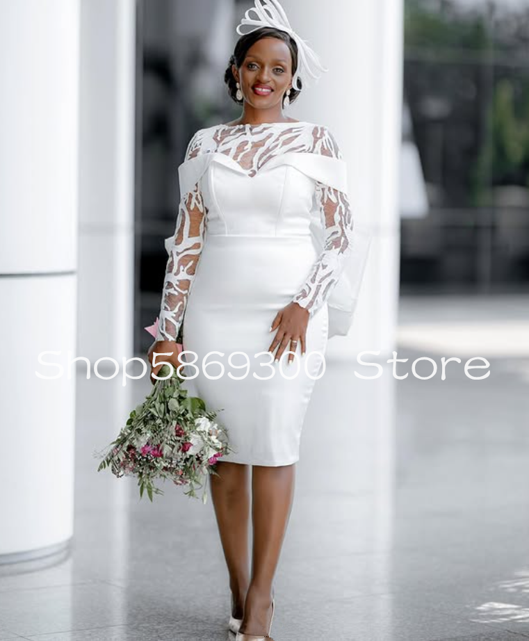 Little Whtie Dress Short Beach Wedding Dresses Long Sleeve Lace Applique Aso Ebi African Garden Bridal Gown Cutomsized