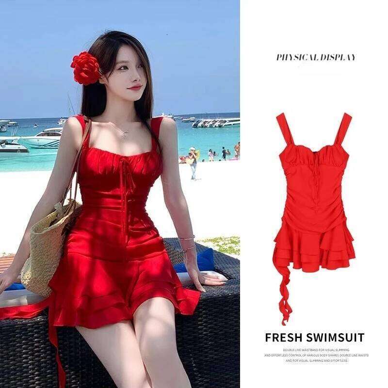 Bright 2025 New Women's Summer White Seaside Vacation Red Dress Hot Spring Swimsuit Bathing Suit Women