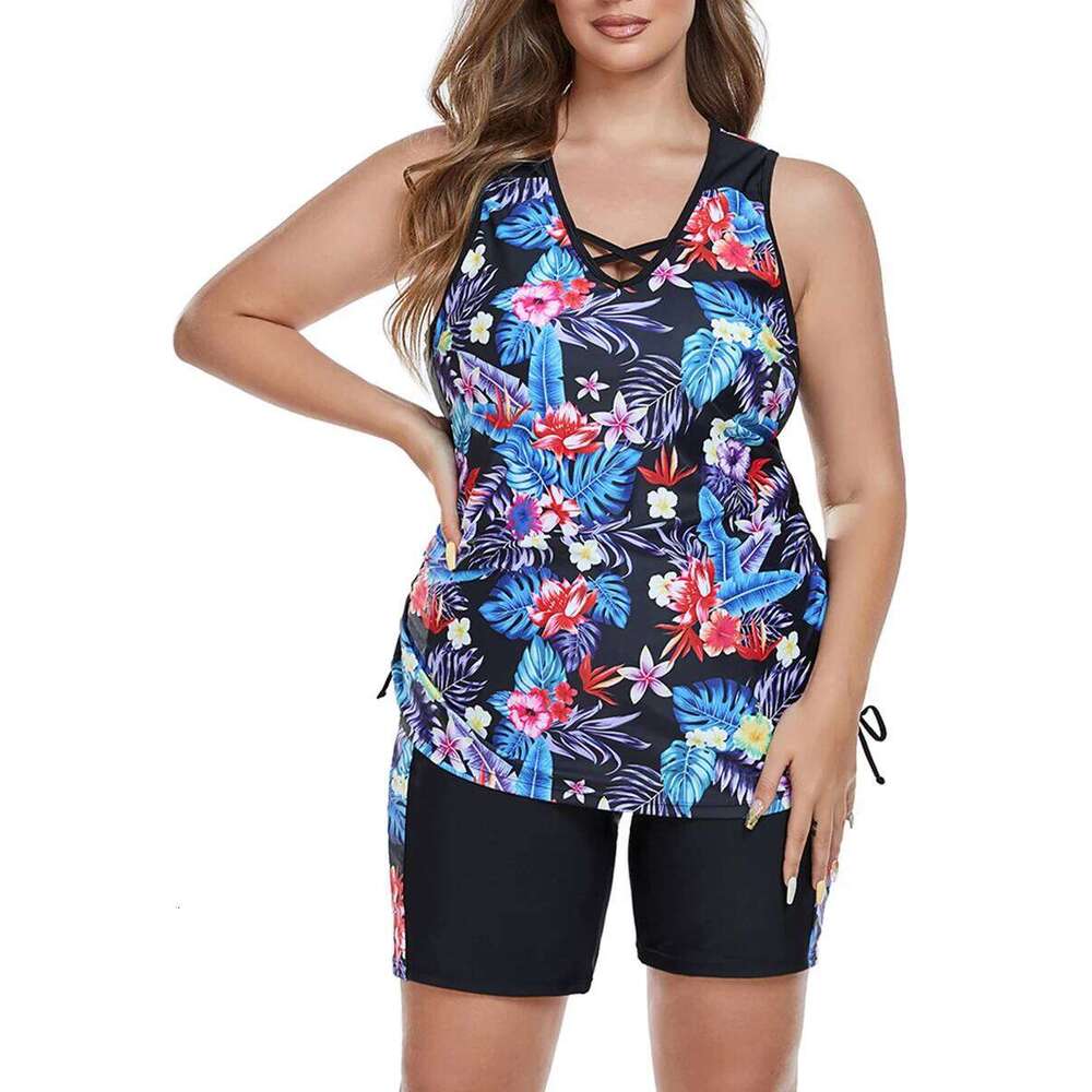 Print Large Plus Size Tankini 2025 Two Pieces Swimsuit Women High Waist Swimwear Female Bathing Swimming Swim Suit Beach Bathers