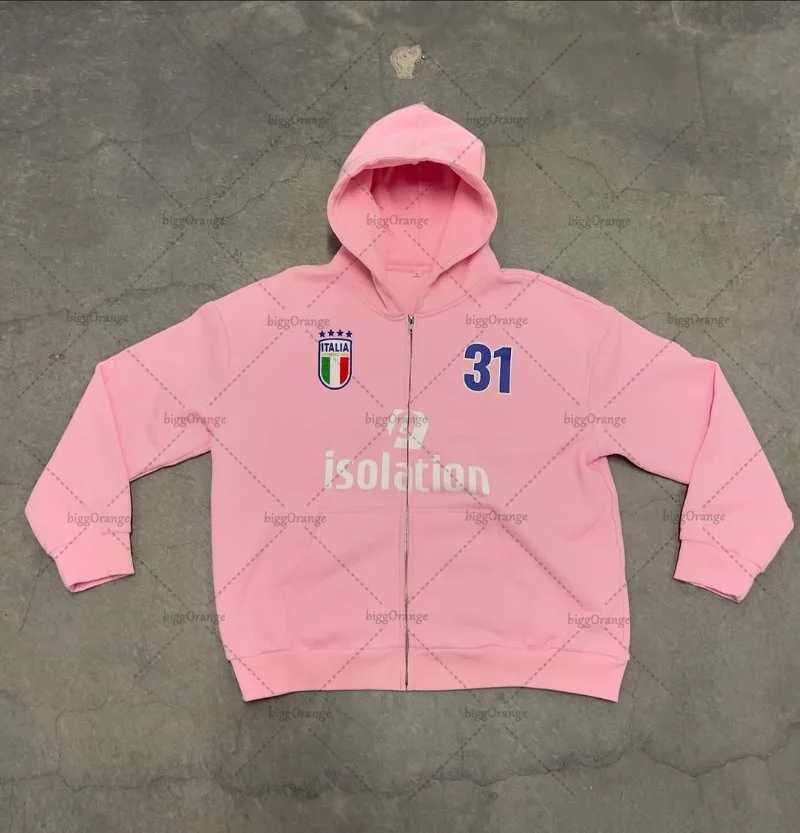 2024 Trendy Street Trend Brand Clothing Hip-hop Punk Style Letter Print Zipper Hoodie Men Pink Casual Retro Oversized Sweatshirt X250718