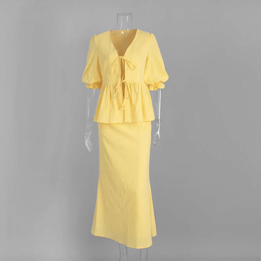 V-Neck Summer New Ruffle Short Sleeve Midi Skirt Set B5