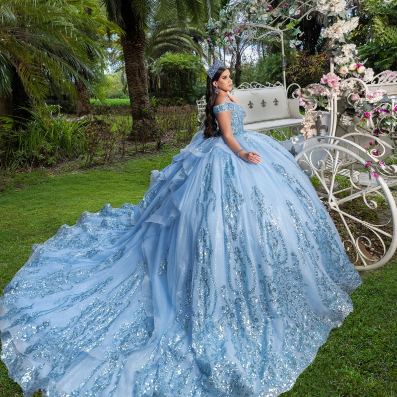 Light Blue Shiny Quinceanera Dresses Ball Gown Off The Shoulder Sequin Applique Lace Beads Tull Corset Party Birthday Sweet 16 Dress Vestidos 15 Anos