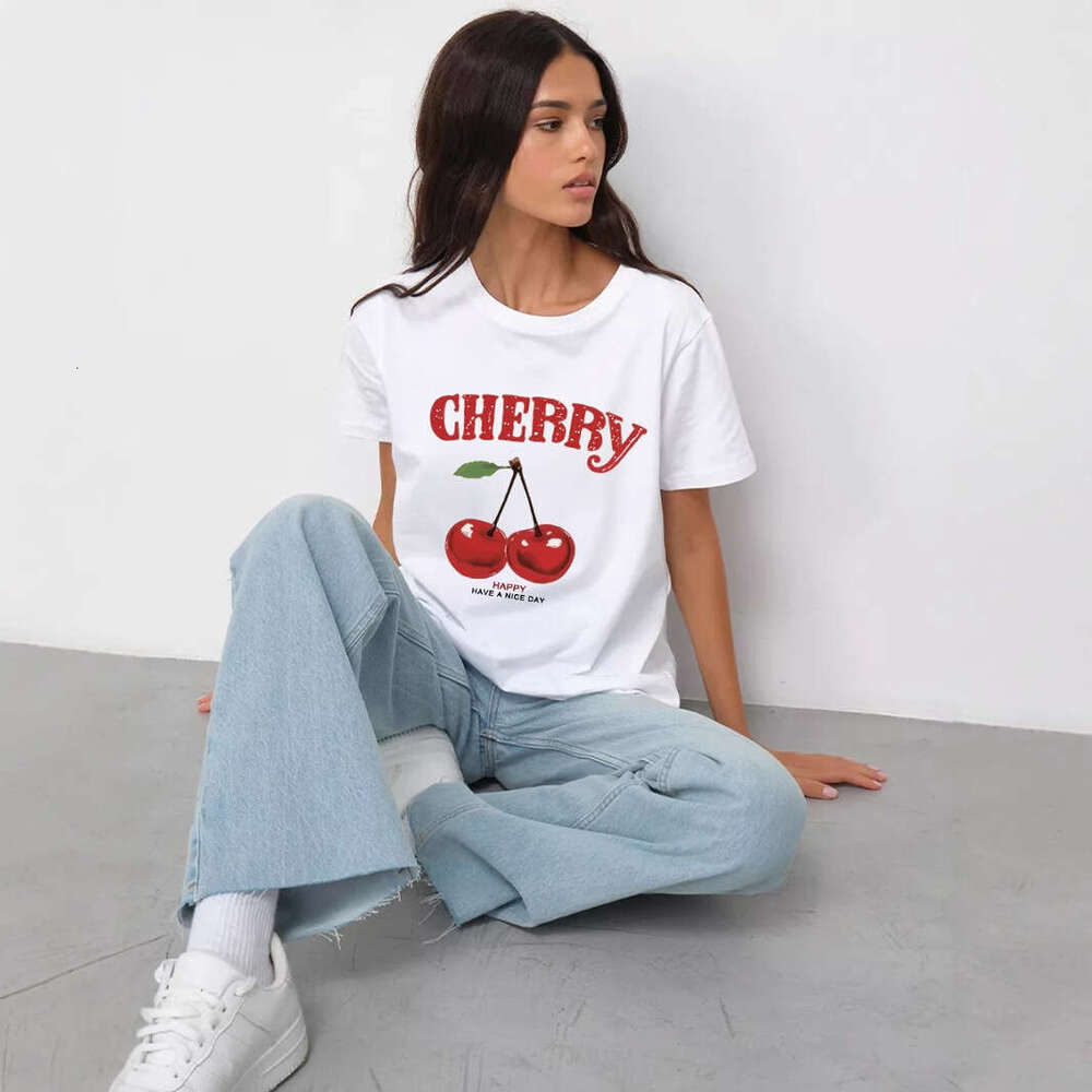 Ins Style Letter Print T-Shirt For Women Summer Versatile Loose Round Neck Pure Cotton Short Sleeve Top B5