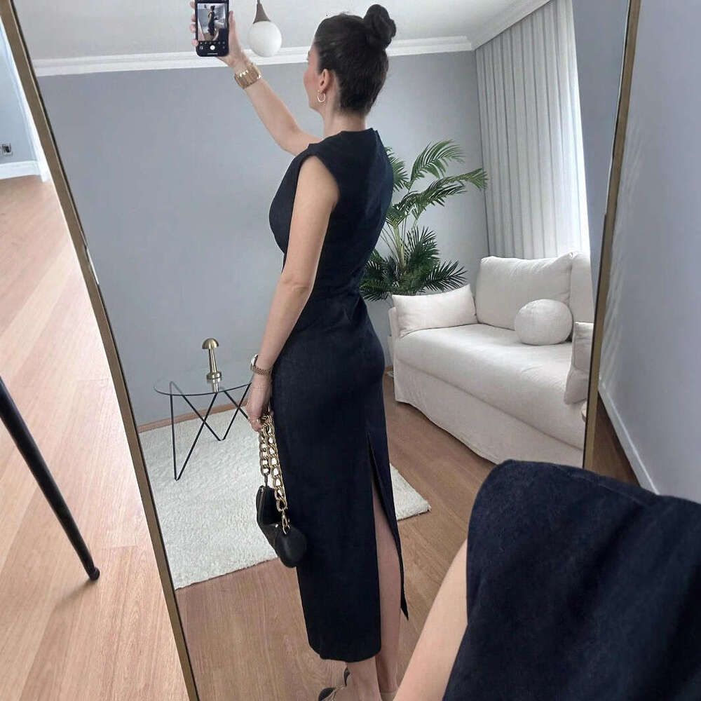 TRAFZA Spring Summer New Style Women's Fashionable Elegant Gold Embellished Denim Dress B5